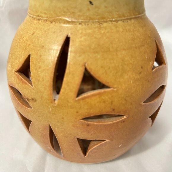 Walt Glass Art Pottery Signed Desert Brown Drip Cut Out Candle Holder Luminary - Picture 14 of 14